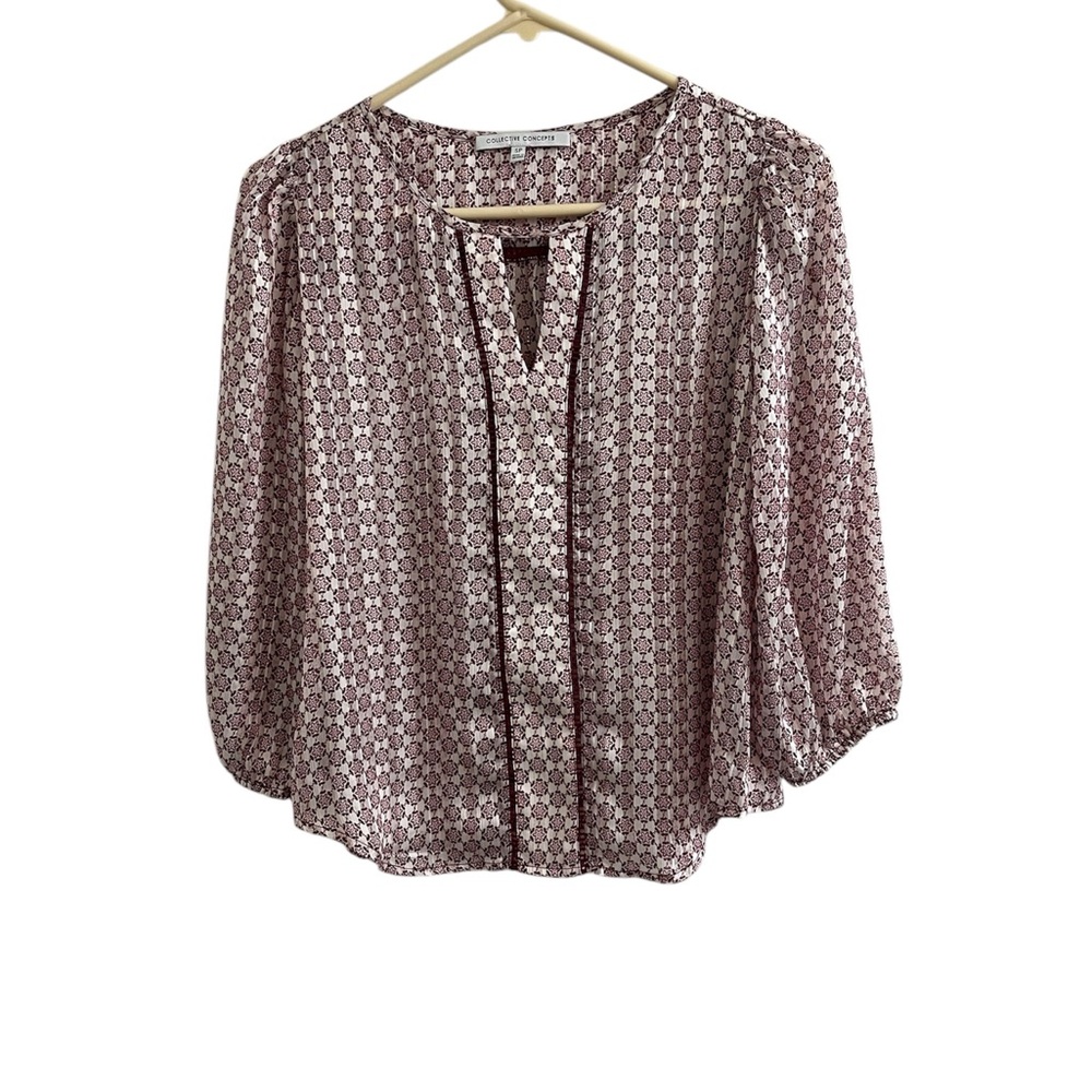 Collective Concepts Blouse Top Womens SP Floral Semi Sheer Boho Gold Stripes